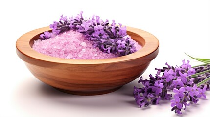 Obraz na płótnie Canvas Salt and lavender bowl on white background purple floral bouquet on wooden plate representing spa relaxation herbal cosmetics alternative medicine