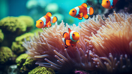 Naklejka na ściany i meble Clownfish or anemonefish nestled among the coral branches of a vibrant reef, ai generative