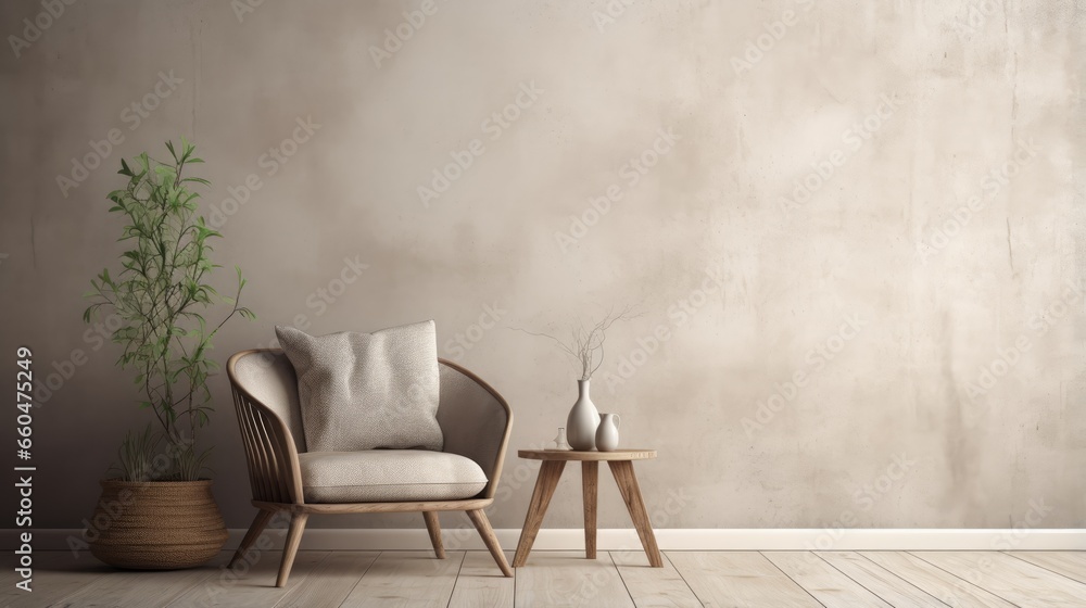 Poster simplistic interior background featuring armchair and rustic details 3d render