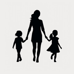 silhouette on a white background, mother walks with children by the hand, Al Generation