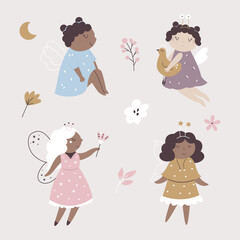 Hand drawn set with cute, adorable fairy girls. Vector illustrations of fairy tale characters, mascots