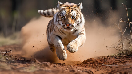 white Bengal tiger run across the vast plains, burly bodies, swift movements, Generative AI.