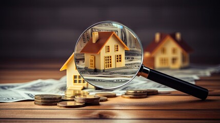 Searching for affordable housing and making investments in real estate including renting apartments or taking out mortgages and loans using euro banknotes and a magnifying glass near a wooden h