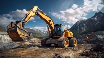Poster Modern construction machinery for earthworks available for rental Excavator dump truck bulldozer loader © vxnaghiyev