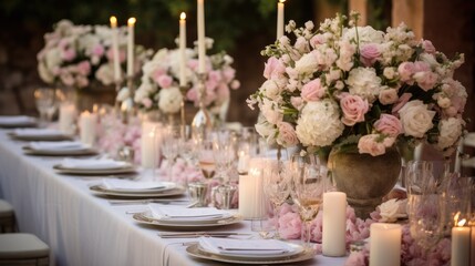 Fototapeta na wymiar Pink and white decorations for an elegant wedding dinner in Italy with flowers candles and an intimate outdoor setting
