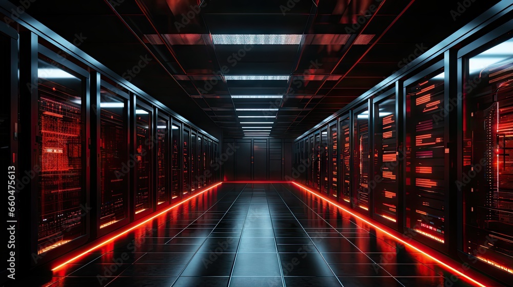 Aufkleber Wide angle view of a functioning data center with rows of server racks blinking emergency LED lights and working computers in dim light