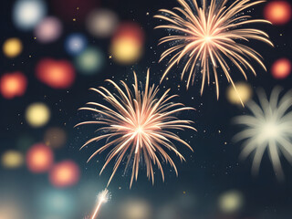 Fototapeta premium Christmas and New year holiday fireworks in the sky abstract. Image is generated with the use of an Artificial intelligence
