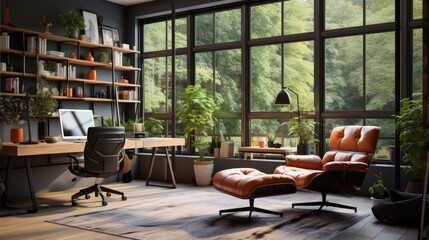 Fototapeta na wymiar Trendy home office with cozy work area and papasan seat