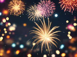 Obraz premium Christmas and New year holiday fireworks in the sky abstract. Image is generated with the use of an Artificial intelligence