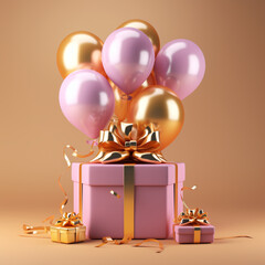 pink box with decoration and bow and balloons, Al Generation - obrazy, fototapety, plakaty