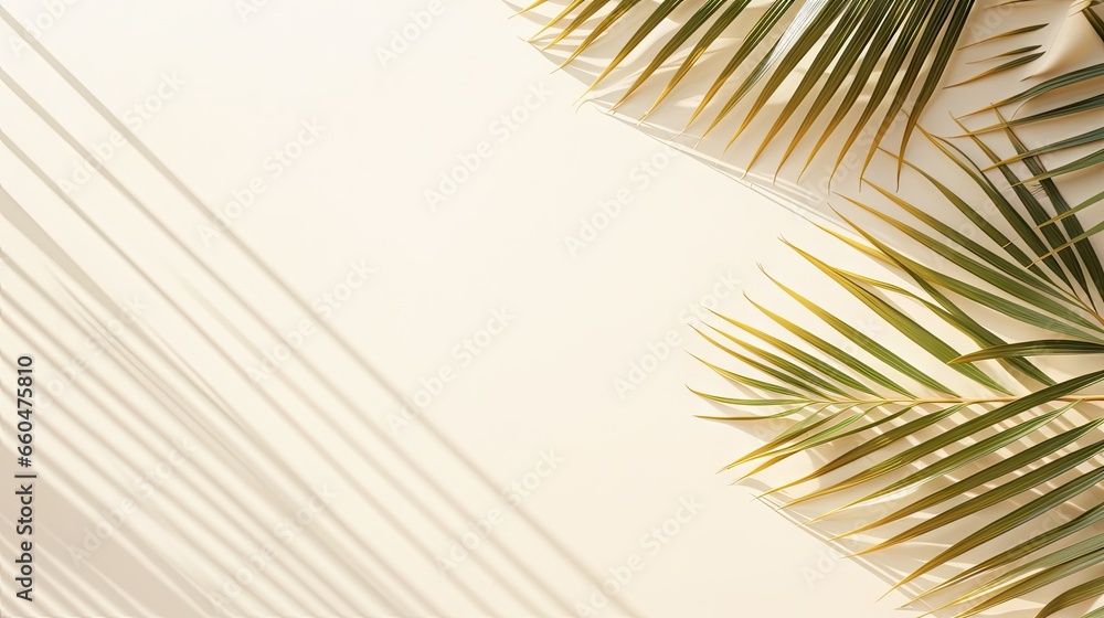 Aufkleber palm leaf shadows on a white wall and cream pastel floor abstract background with palm leaf shadows 