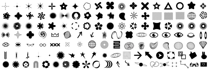collection of abstract graphic geometric shapes, symbols and objects in y2k style. elements for design