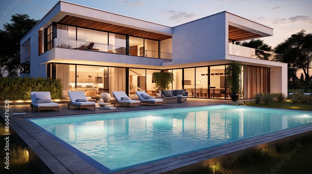 Poster modern house design rendered in 3d with a pool