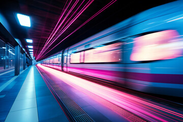 Subway station with a motion blurred high speed train passing by