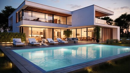 Modern house design rendered in 3D with a pool - obrazy, fototapety, plakaty
