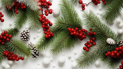 Naklejka na ściany i meble White background pine with red berries green tree for New Year
