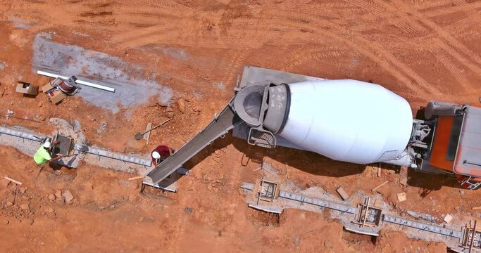 Foundation columns concrete pouring during building construction is used concrete mixer truck