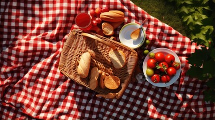 Fototapeta na wymiar Top view of a picnic scene with a basket of food on a red cloth during summer