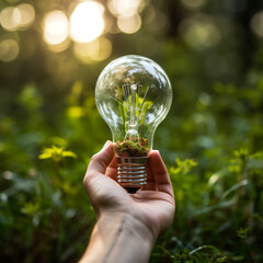 hand holding a light bulb on a background of green, Al Generation