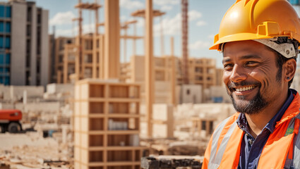 Portrait of a male builder in a hard hat on a construction site background