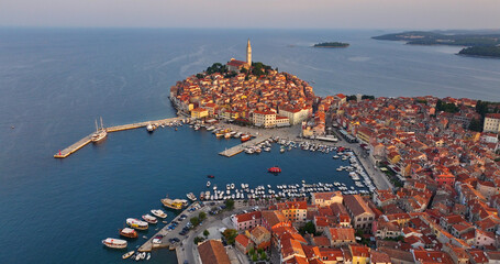 Aerial view of the beautiful Old Town of Rovinj in Croatia at sunrise, Church of Saint Euphemia, Istria