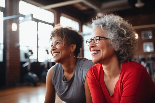 Portrait Of Two Diverse Senior Friends In A Indoor Gym