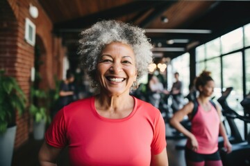 Portrait of a smiling mixed senior woman in a indoor gym