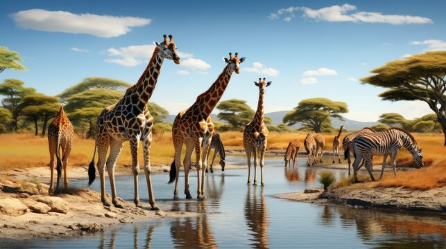 Fototapeta Wild animals spotted in Kenya on safari reticulated giraffes and zebras at waterhole