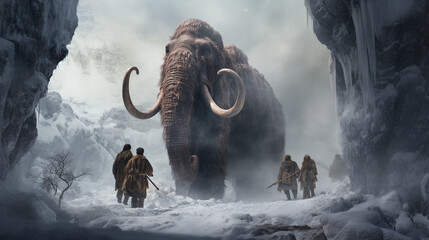 Caveman hunting woolly mammoth. ai generative - obrazy, fototapety, plakaty