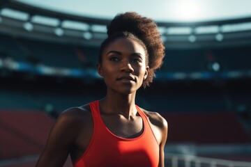 Portrait of a young fit and athletic woman on running tracks in a stadium