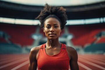 Portrait of a young fit and athletic woman on running tracks in a stadium