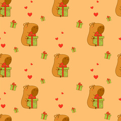 Seamless pattern. Cute animal cartoon capybara with gift on yellow background with hearts. Vector illustration for festive design, wallpaper, packaging, textile. kids collection