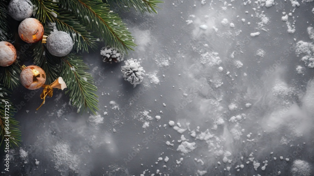 Aufkleber snow covered branch of christmas tree with bauble decoration on stone background xmas backdrop for g