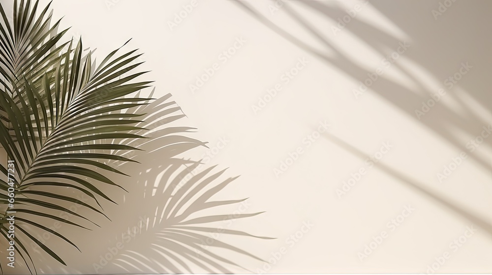 Aufkleber palm leaf shadows on a white wall and cream pastel floor abstract background with palm leaf shadows 