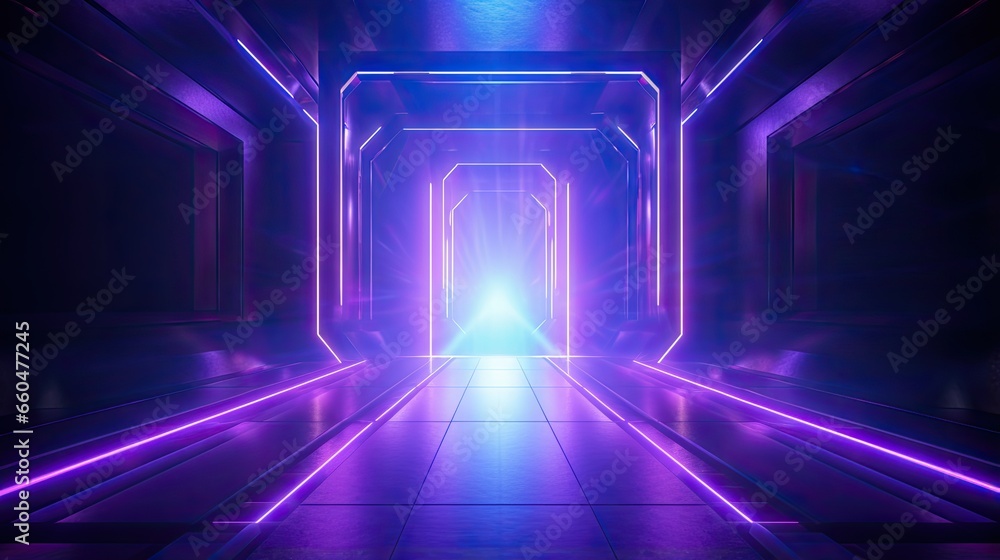 Poster Virtual reality environment featuring a neon lit rectangular tunnel with a UV abstract background laser show and fashion catwalk stage with floor reflections