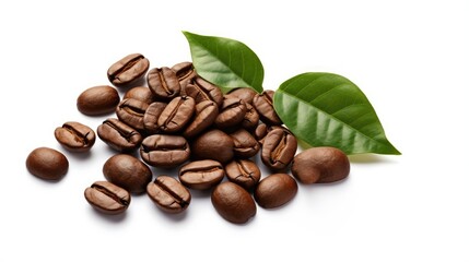 Obraz premium White background with isolated organic coffee beans and leaves