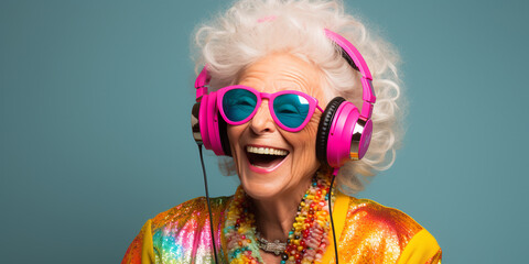 Studio portrait of an eccentric elderly woman listening to music on headphones. ai generative