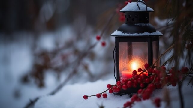 Christmas lantern on snow with holy berries.