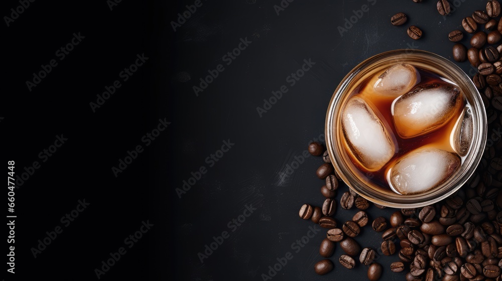 Poster top view of cold brewed iced coffee and coffee beans in glass jar on white surface with empty space