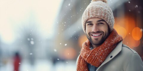 smiling man in knitted scarf and hat, on blurred winter background. ai generative - obrazy, fototapety, plakaty