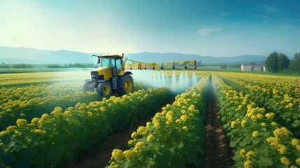 Professional sprayer using pesticides on blooming potato plantation Agriculture sprays fertilizer and insecticide for harvesting processing protection and care