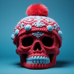 Scull wearing a red and blue wool hat and mask as scary creepy season greetings concept. Generative AI