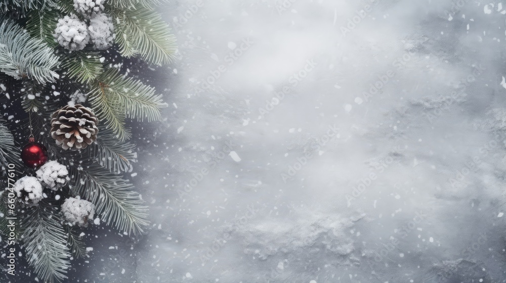 Poster snow covered branch of christmas tree with bauble decoration on stone background xmas backdrop for g