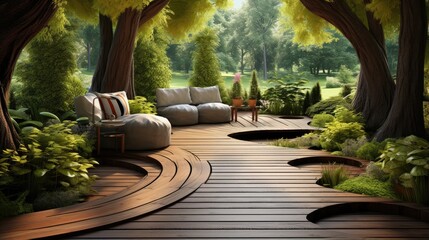 Wooden path to garden terrace with stylish furniture - obrazy, fototapety, plakaty