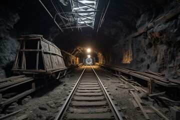 Fototapeta na wymiar Underground coal mine with rails and ore tunnel. Generative AI