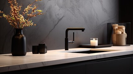 Stylish kitchen countertop with black sink tap lamp vase plate and bowl