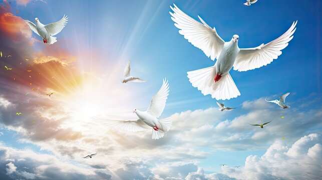 Rainbow and doves in sunny sky with blue background