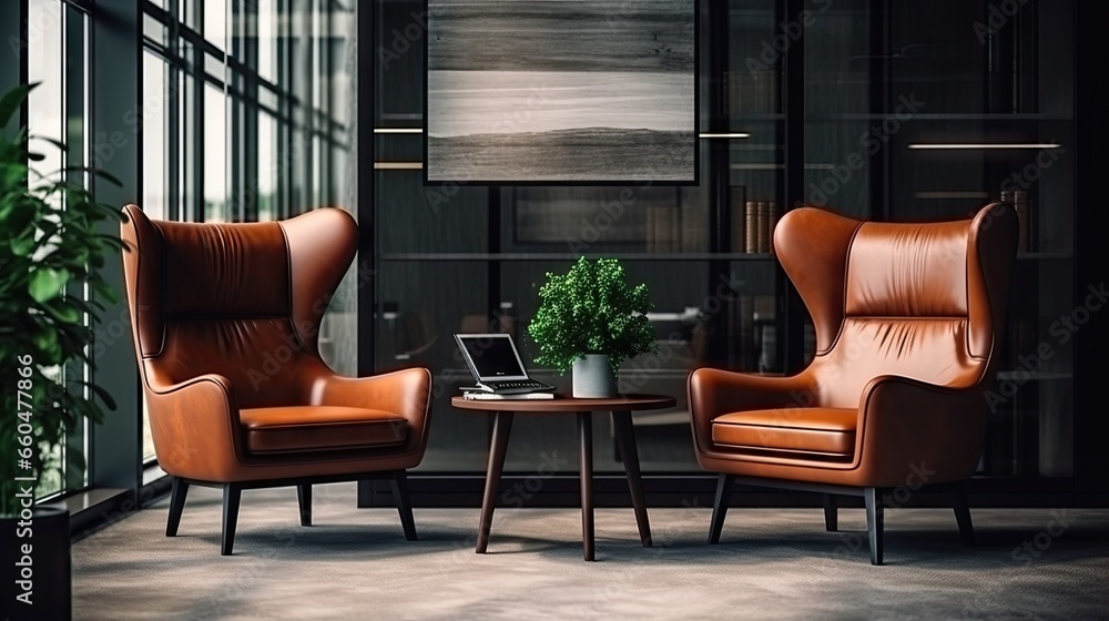 Aufkleber two elegant leather armchairs positioned by a coffee table along with an open book or planner in a l