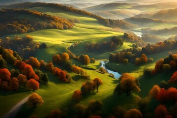 Generate an image of a serene countryside with rolling hills, vibrant meadows, and a winding river - obrazy, fototapety, plakaty