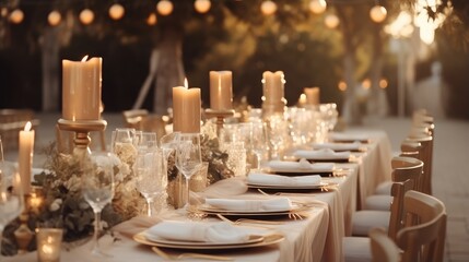 Outdoor wedding celebration with golden table decor floral arrangements candles and lighting